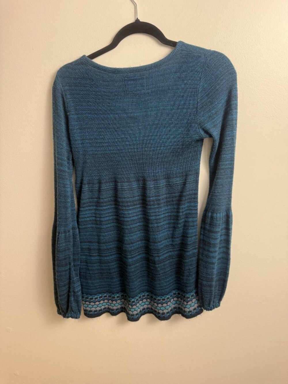 Decree Teal Striped Knit Sweater Size L – Balloon Sleeve Scalloped Hem